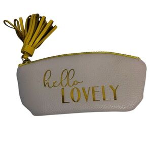 Anthropologie Makeup Bag Pouch Pebbled Zipper Yellow Tassel Cream Gold 7” X 3”